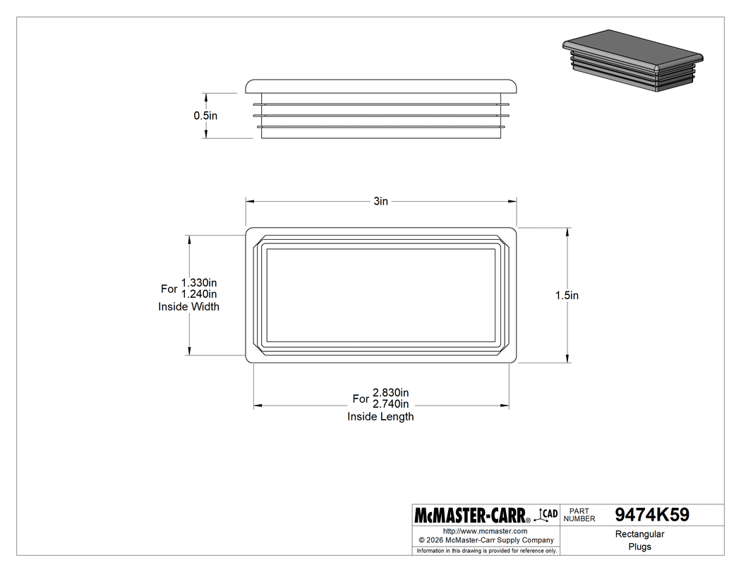 Technical Drawing of Rectangular Plugs, Snap-in, for 2.74"-2.83" Long x 1.24"-1.33" Wide Inside.